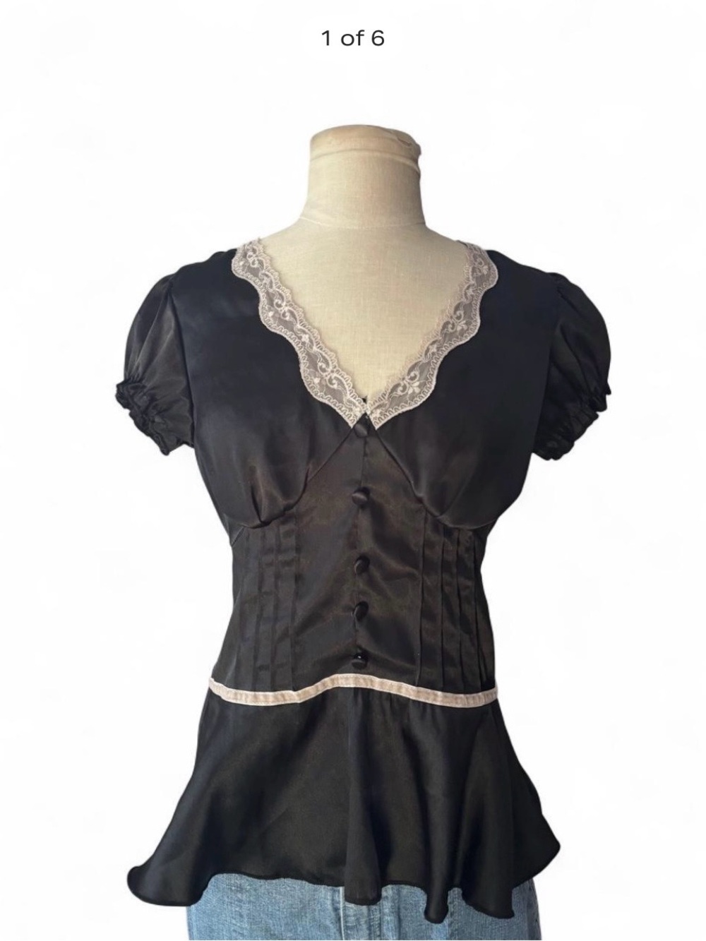 Black Lace-Trim Silky Peplum Blouse
